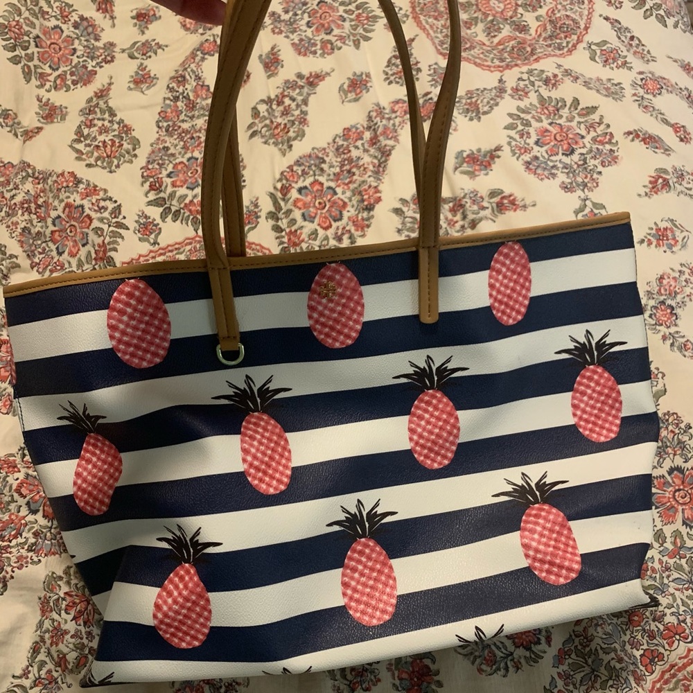 Tory Burch Navy White Striped Tote with Pink Pineapple Print and Tan Handles
